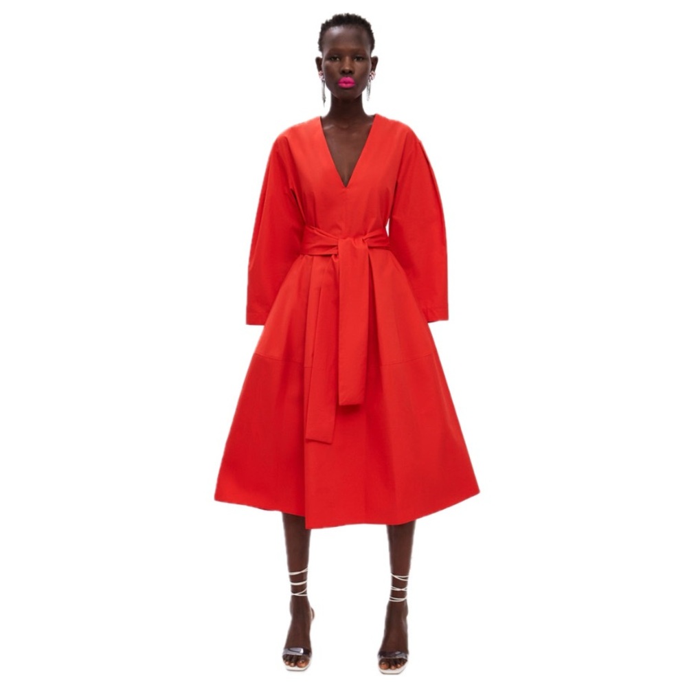 Zara Red V-Neck Poplin Dress Small